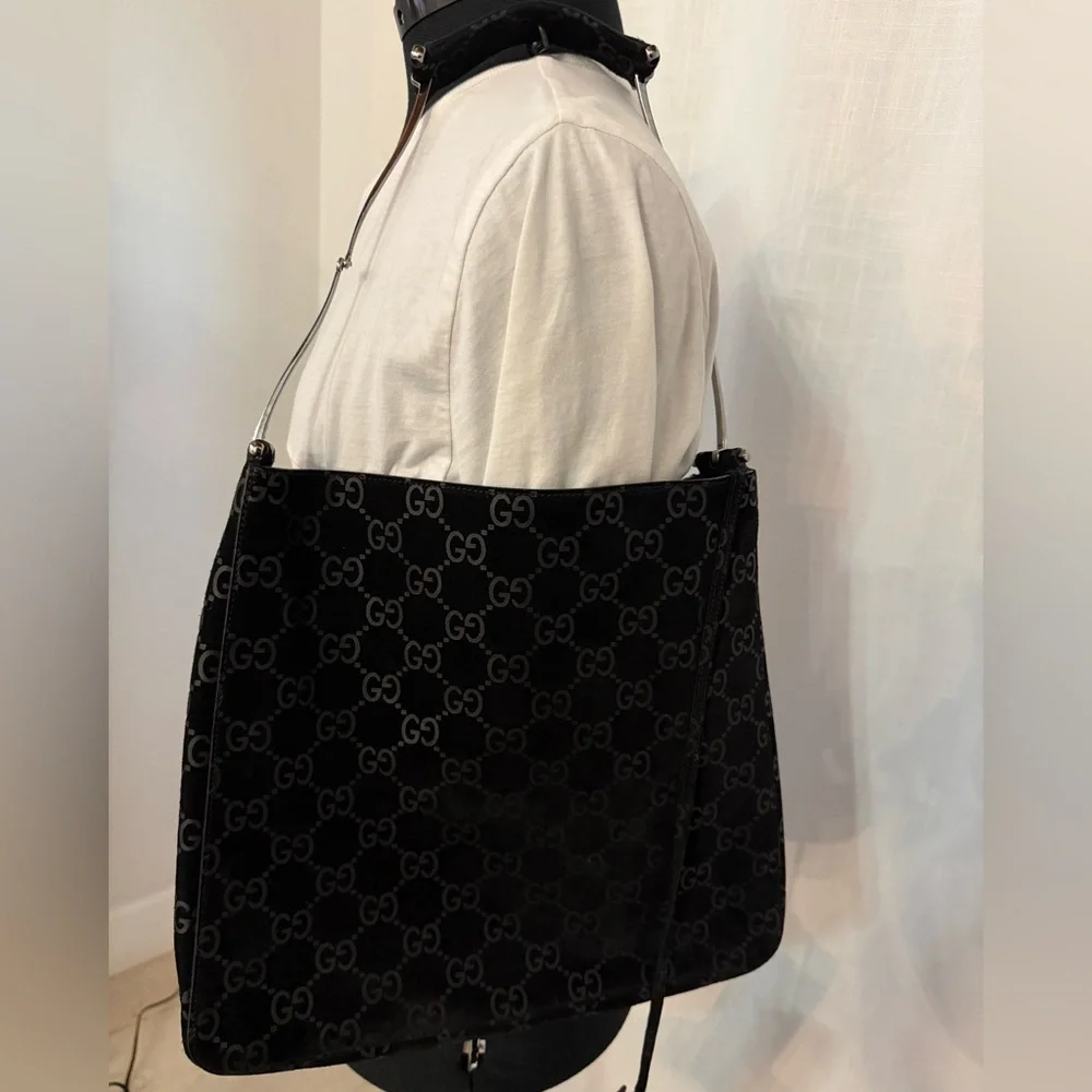 RARE Vintage Gucci Black Suede Monogram Metal Horsebit Strap Hobo Bag - Picture 5 of 17